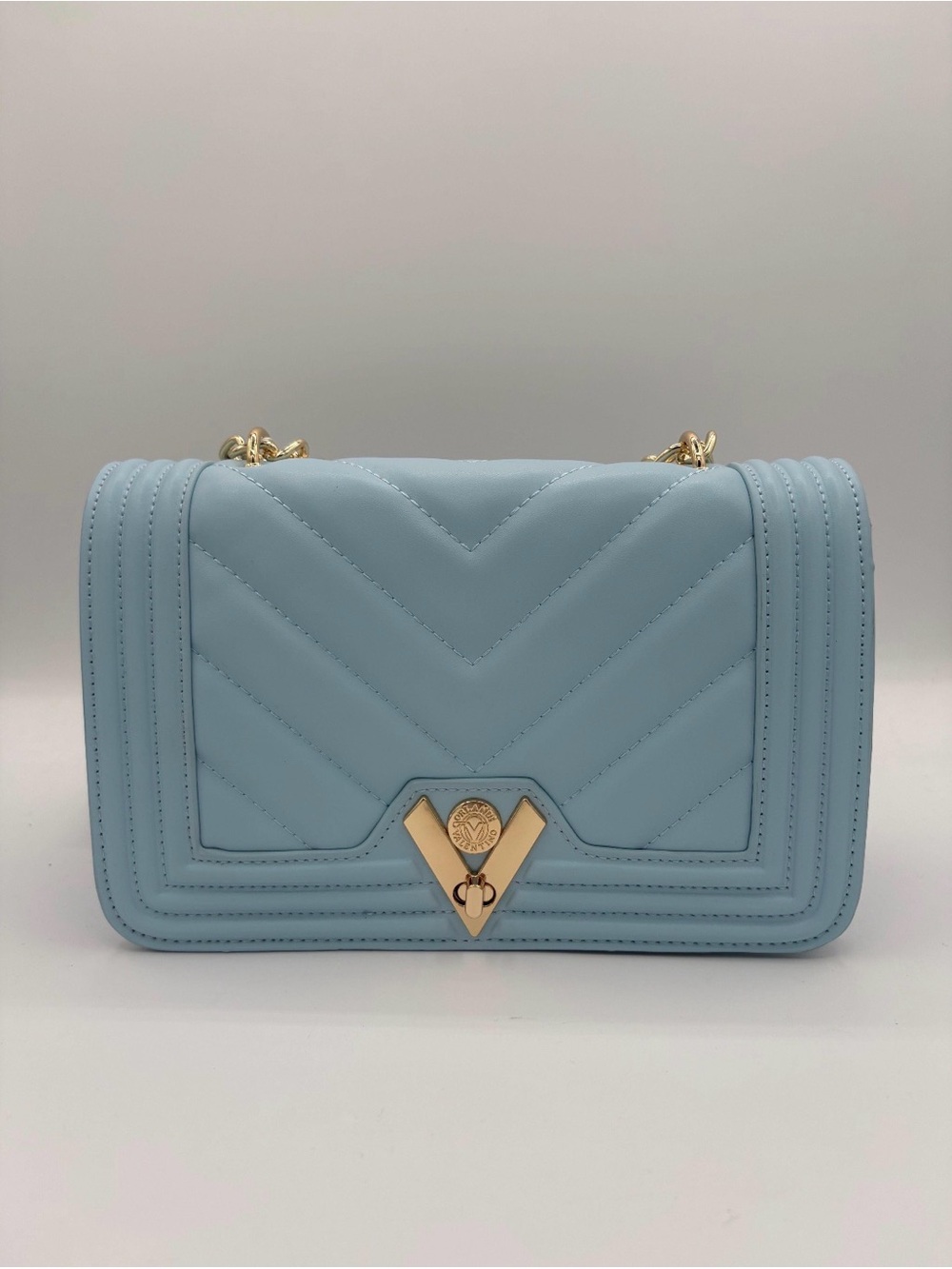 NWT Valentino Orlandi Light Blue Quilted Chain Crossbody with Gold Hardware